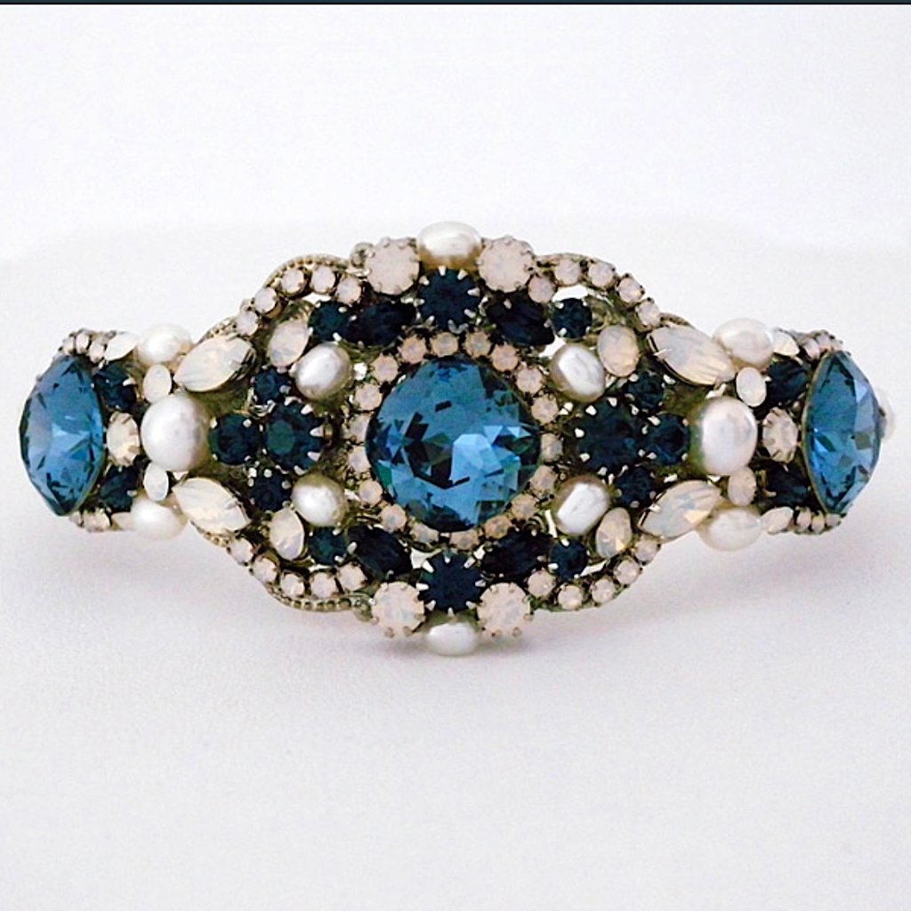 Haute Bride Blue Crystal & Pearl Bridal Cuff Bracelet, Statement Bracelet Nwt